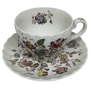 Staffordshire Bouquet Coffee Cup Saucer Ironstone Johnson Bros England Vintage